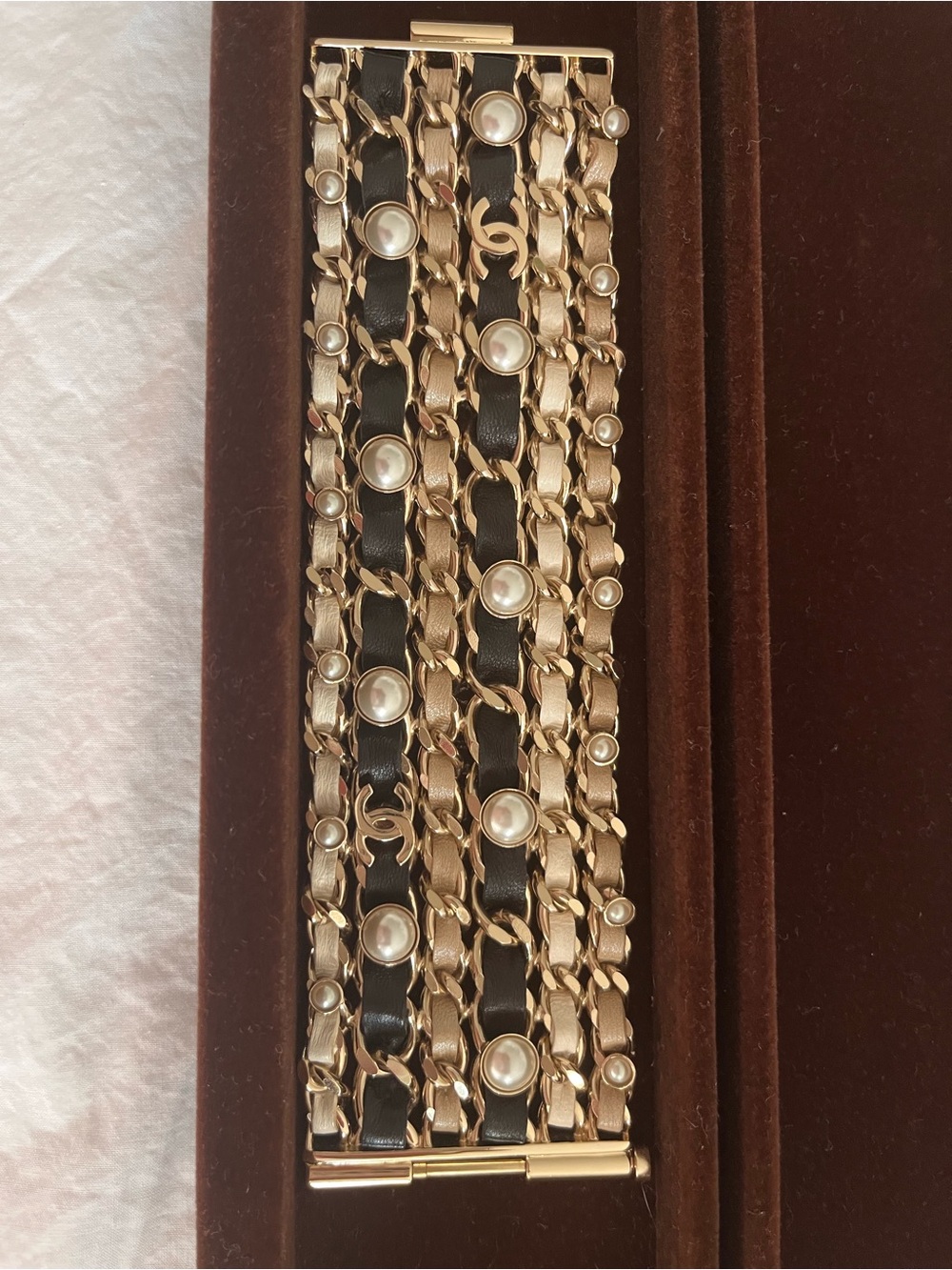 Chanel Multi-Row Intertwined Leather & Chain Pearl Cuff Bracelet (also referred